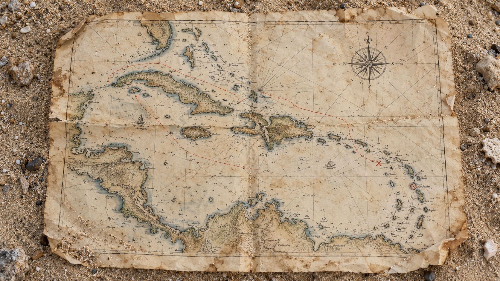 Imagen de ambientación generada: un mapa náutico envejecido sobre la arena de una playa